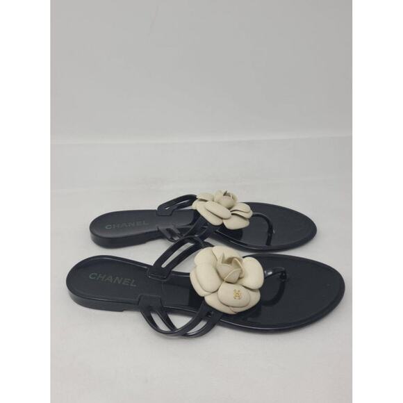 Chanel Black Jelly Camellia Interlocking CC Thong Sandals 40 EU - Picture 6 of 10